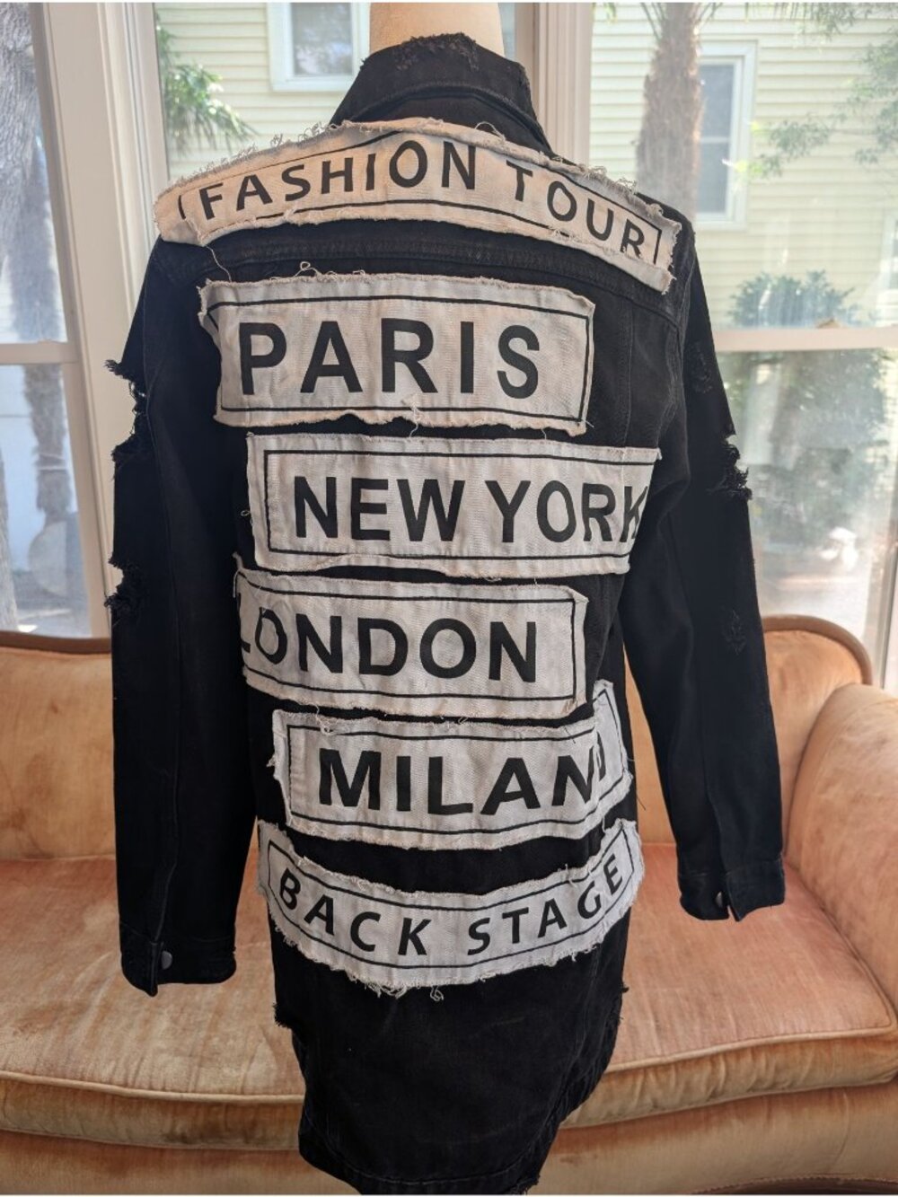 Black Fashion Tour Destructed Denim Jacket Size S 100% Cotton Grunge Emo Punk